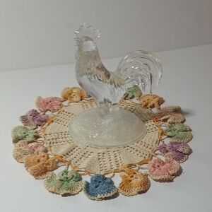 Glass Rooster Figurine on Crochet Doily